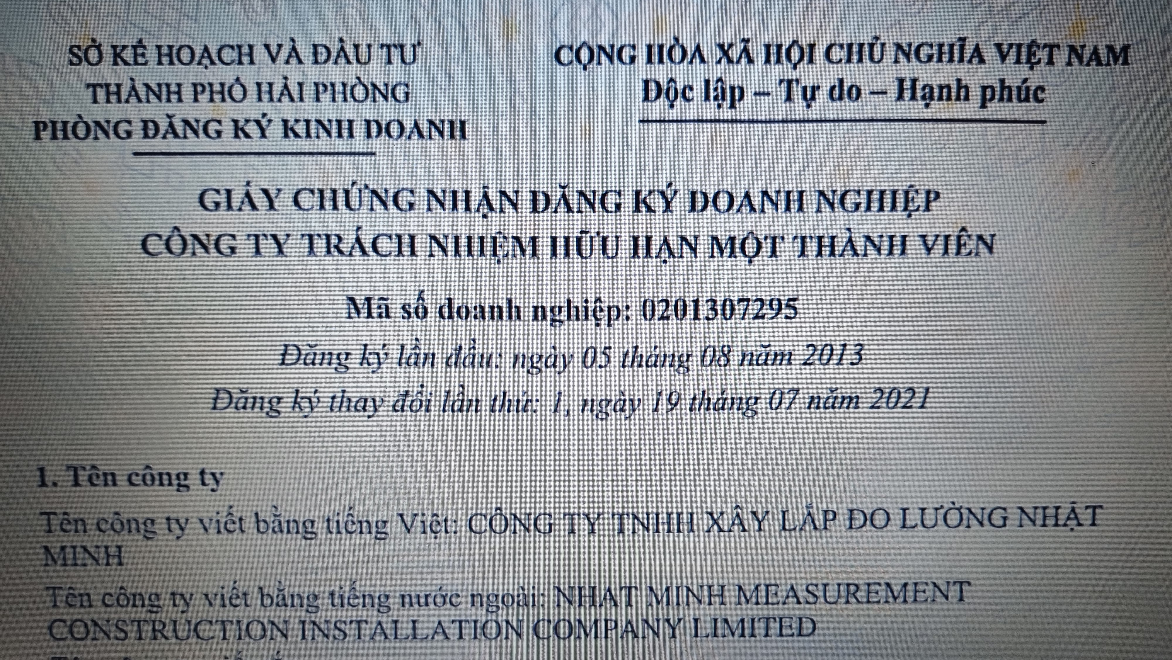 Công ty TNHH xây lắp đo lường Nhật Minh